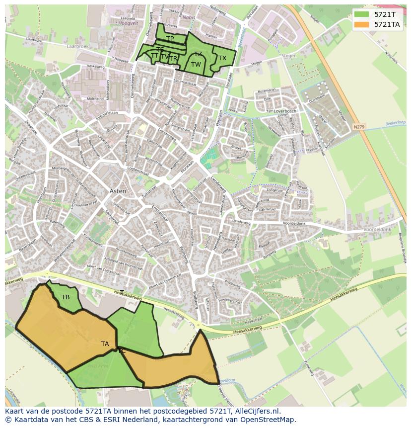 Afbeelding van het postcodegebied 5721 TA op de kaart.