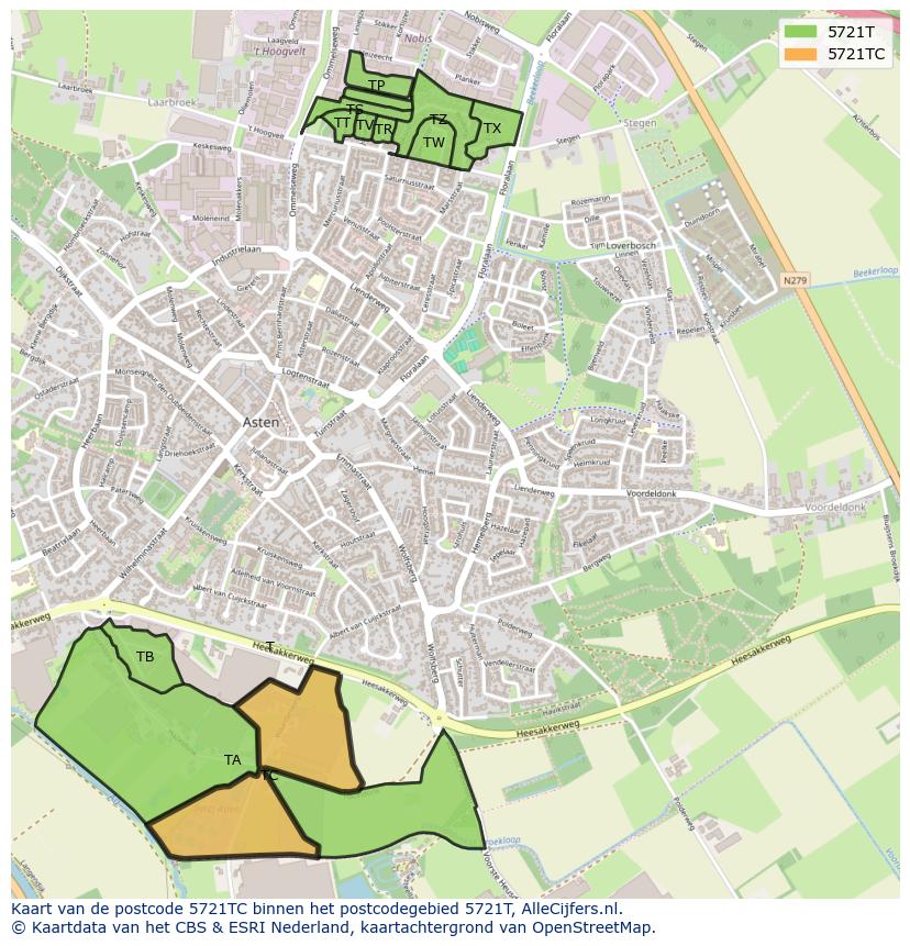Afbeelding van het postcodegebied 5721 TC op de kaart.