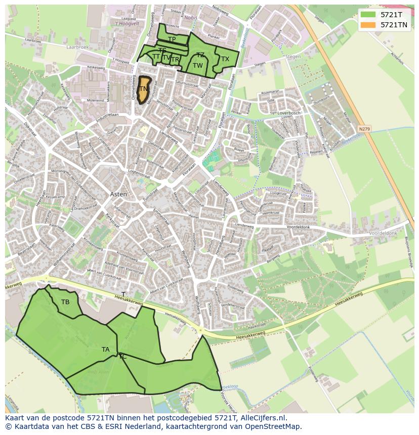 Afbeelding van het postcodegebied 5721 TN op de kaart.
