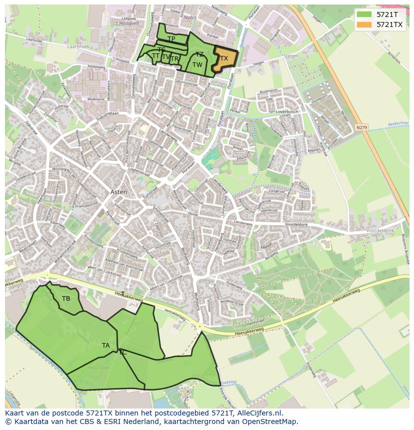 Afbeelding van het postcodegebied 5721 TX op de kaart.