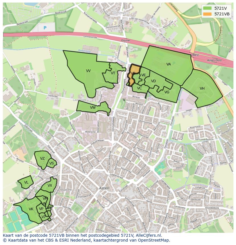 Afbeelding van het postcodegebied 5721 VB op de kaart.