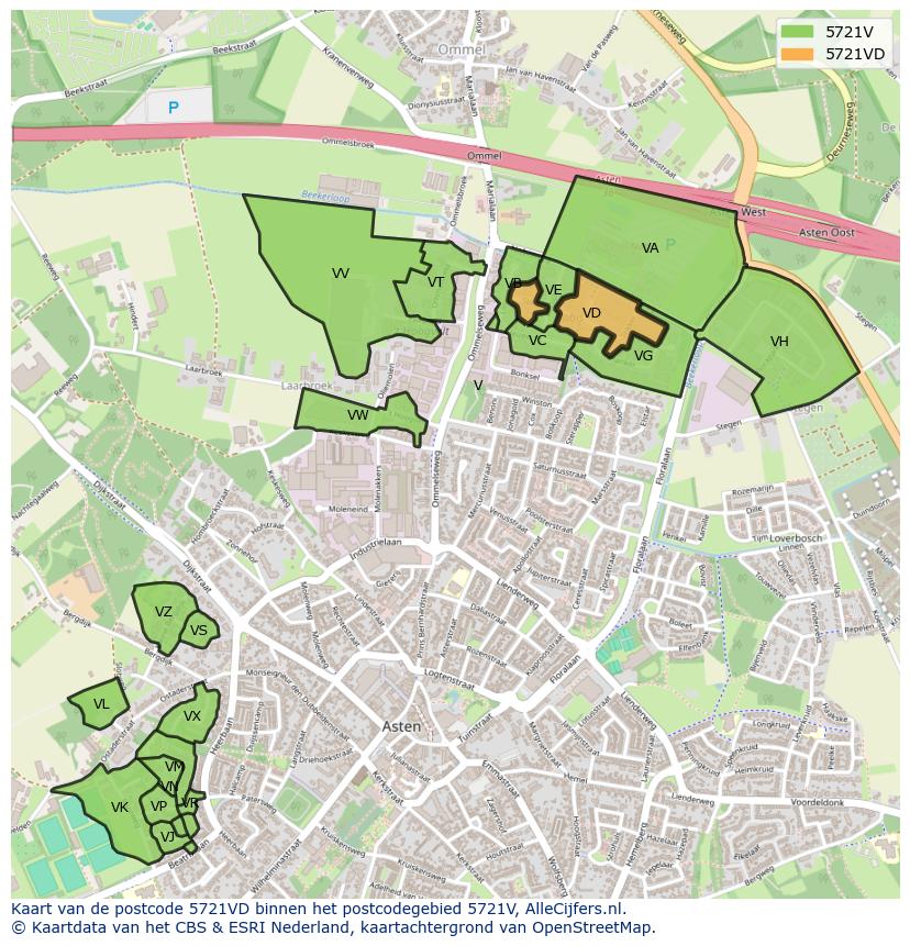 Afbeelding van het postcodegebied 5721 VD op de kaart.