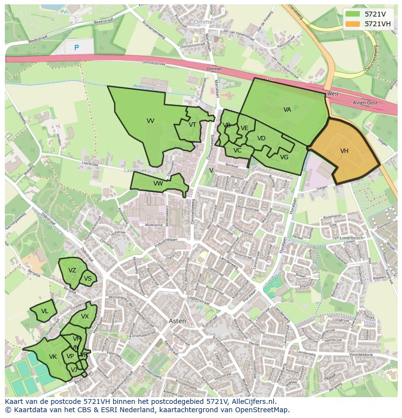 Afbeelding van het postcodegebied 5721 VH op de kaart.