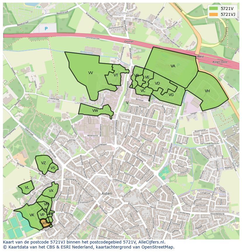 Afbeelding van het postcodegebied 5721 VJ op de kaart.