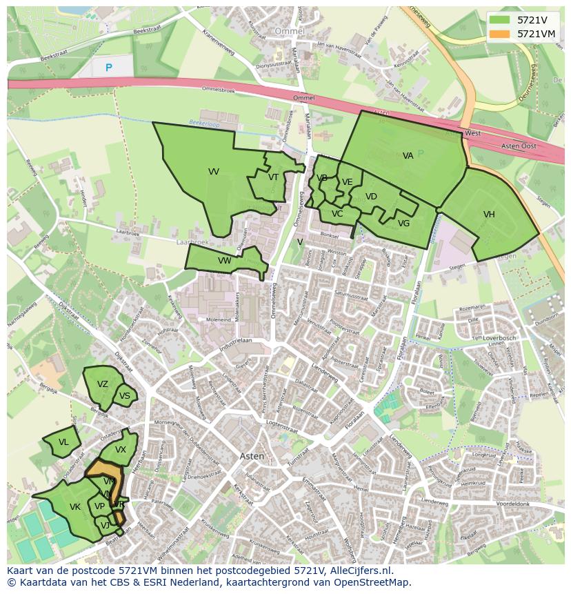 Afbeelding van het postcodegebied 5721 VM op de kaart.