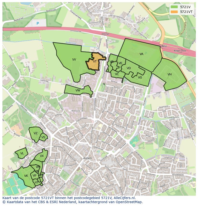 Afbeelding van het postcodegebied 5721 VT op de kaart.