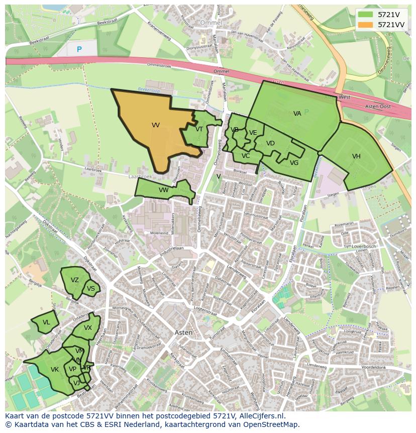 Afbeelding van het postcodegebied 5721 VV op de kaart.