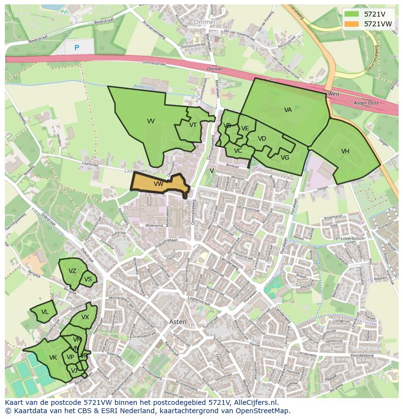 Afbeelding van het postcodegebied 5721 VW op de kaart.
