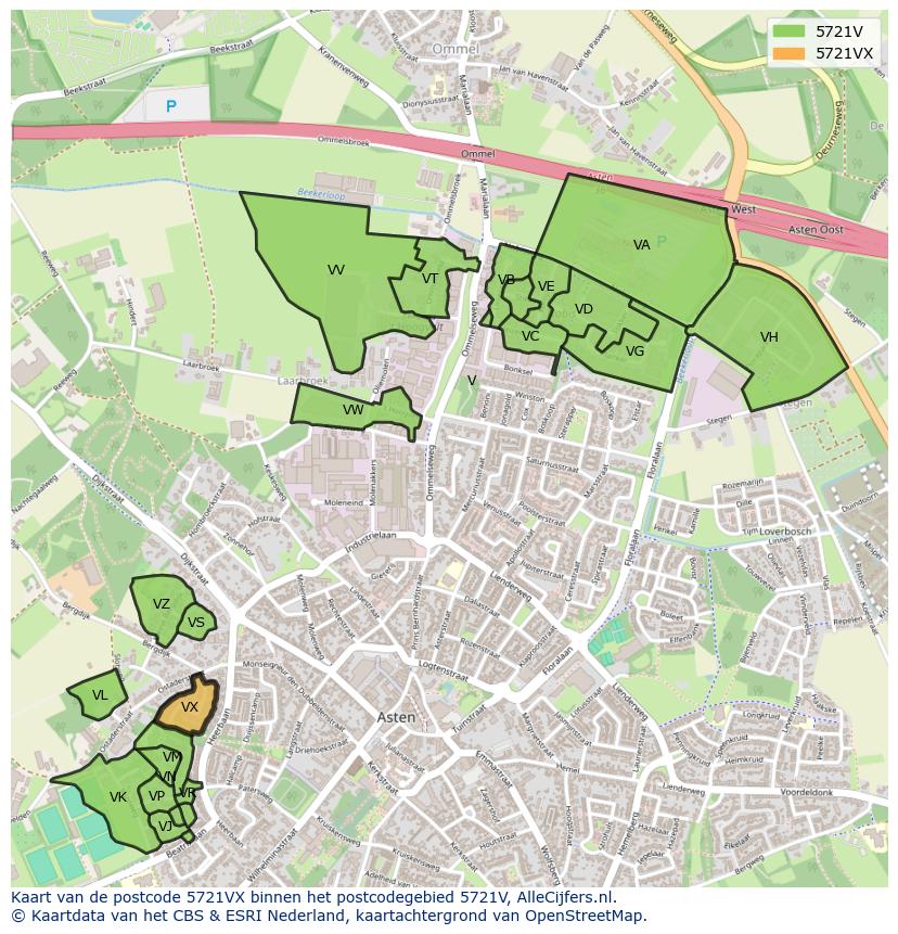 Afbeelding van het postcodegebied 5721 VX op de kaart.