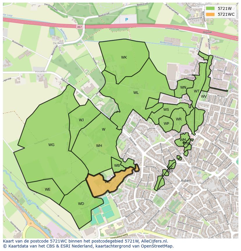 Afbeelding van het postcodegebied 5721 WC op de kaart.