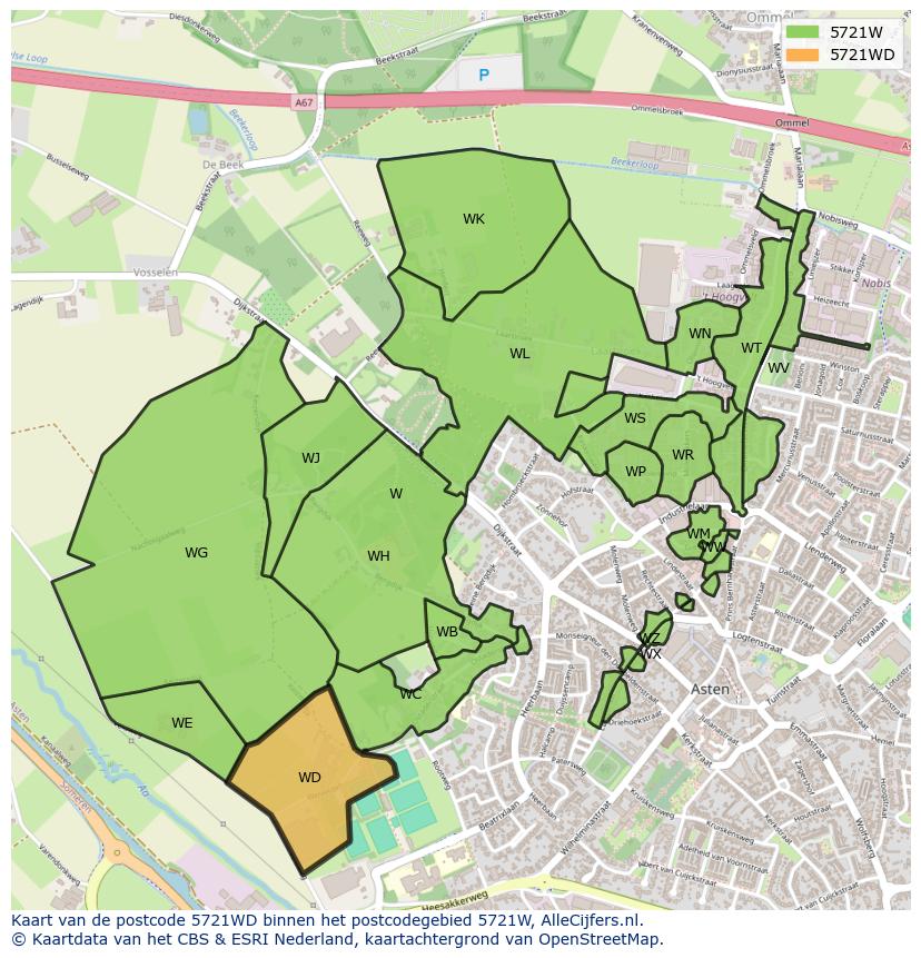 Afbeelding van het postcodegebied 5721 WD op de kaart.