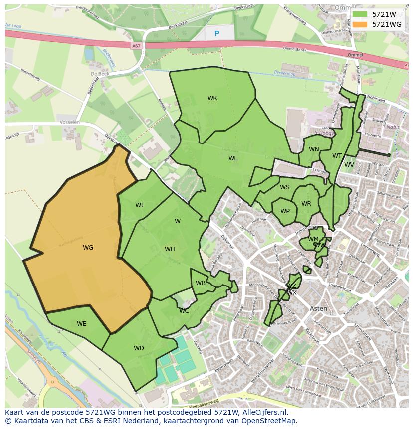 Afbeelding van het postcodegebied 5721 WG op de kaart.