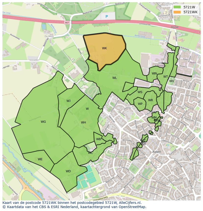 Afbeelding van het postcodegebied 5721 WK op de kaart.