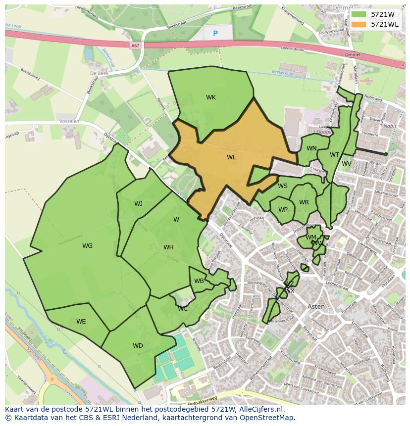 Afbeelding van het postcodegebied 5721 WL op de kaart.