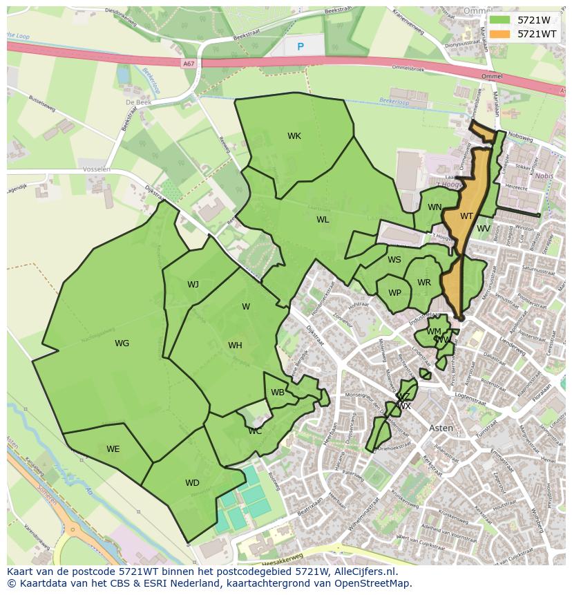 Afbeelding van het postcodegebied 5721 WT op de kaart.