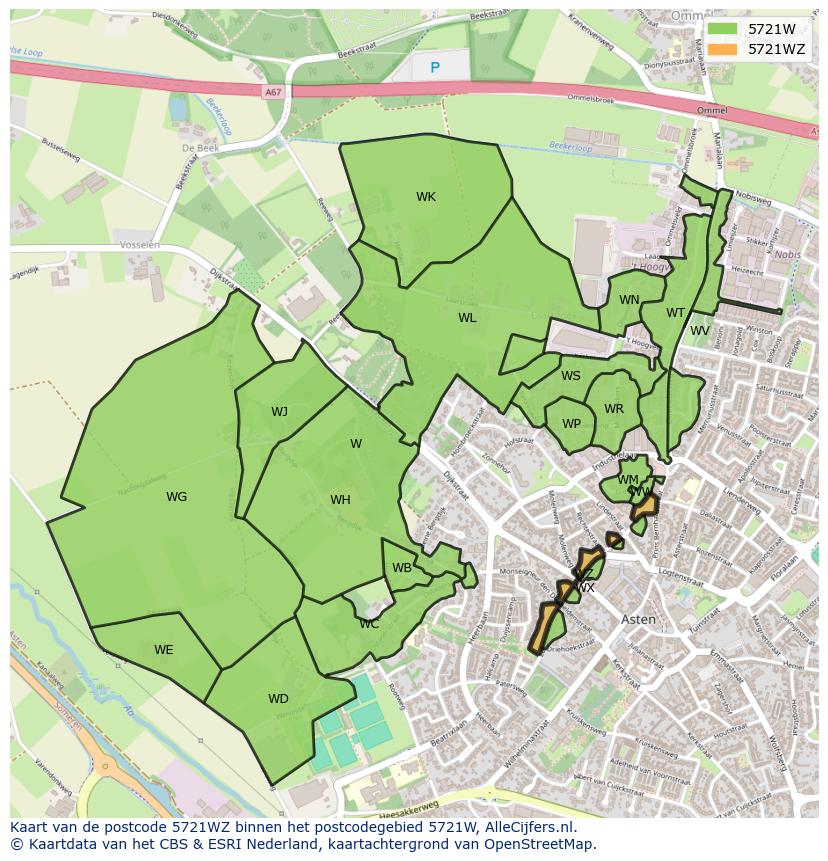 Afbeelding van het postcodegebied 5721 WZ op de kaart.
