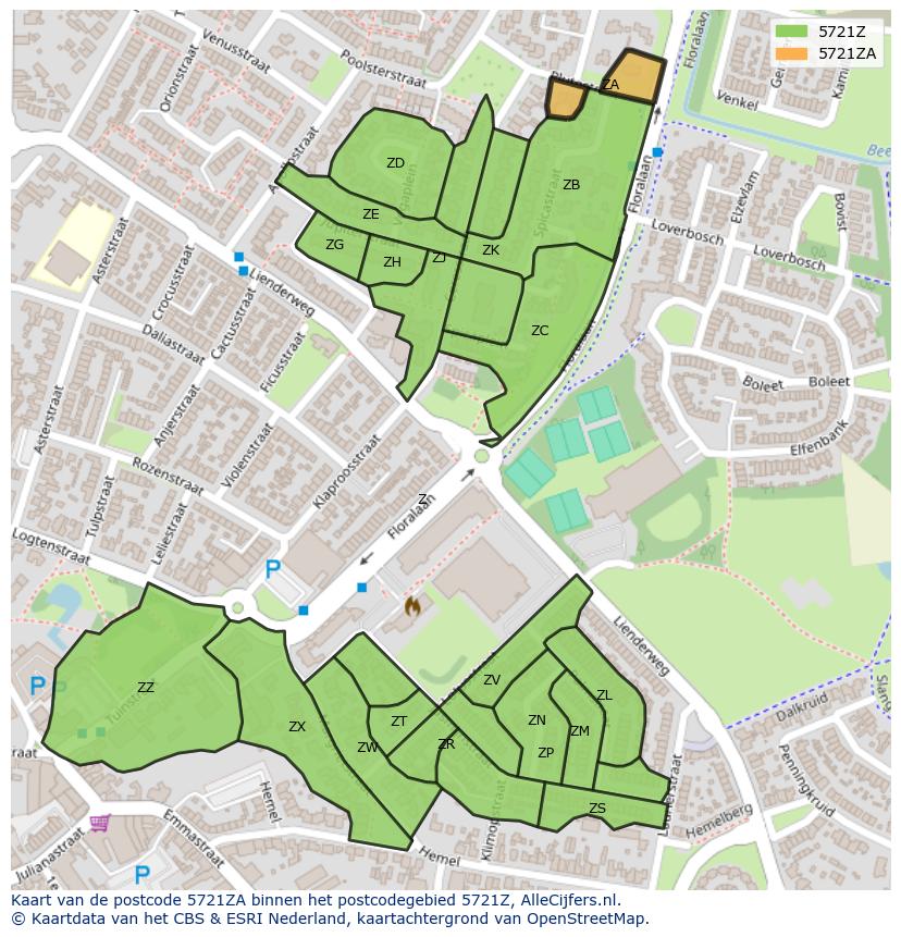 Afbeelding van het postcodegebied 5721 ZA op de kaart.