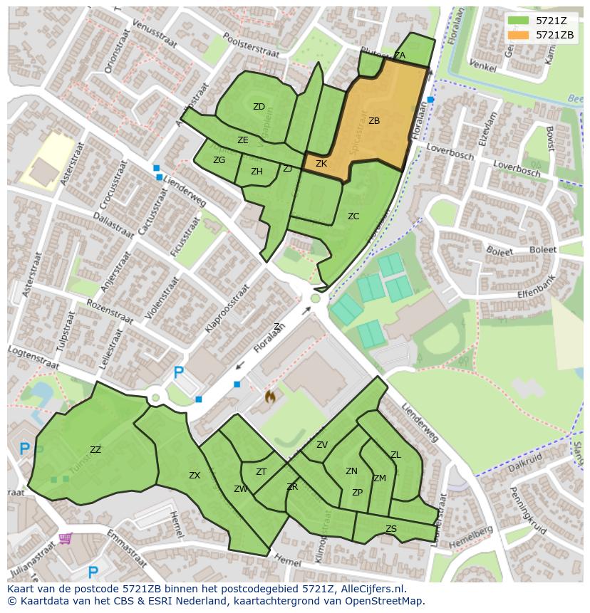 Afbeelding van het postcodegebied 5721 ZB op de kaart.