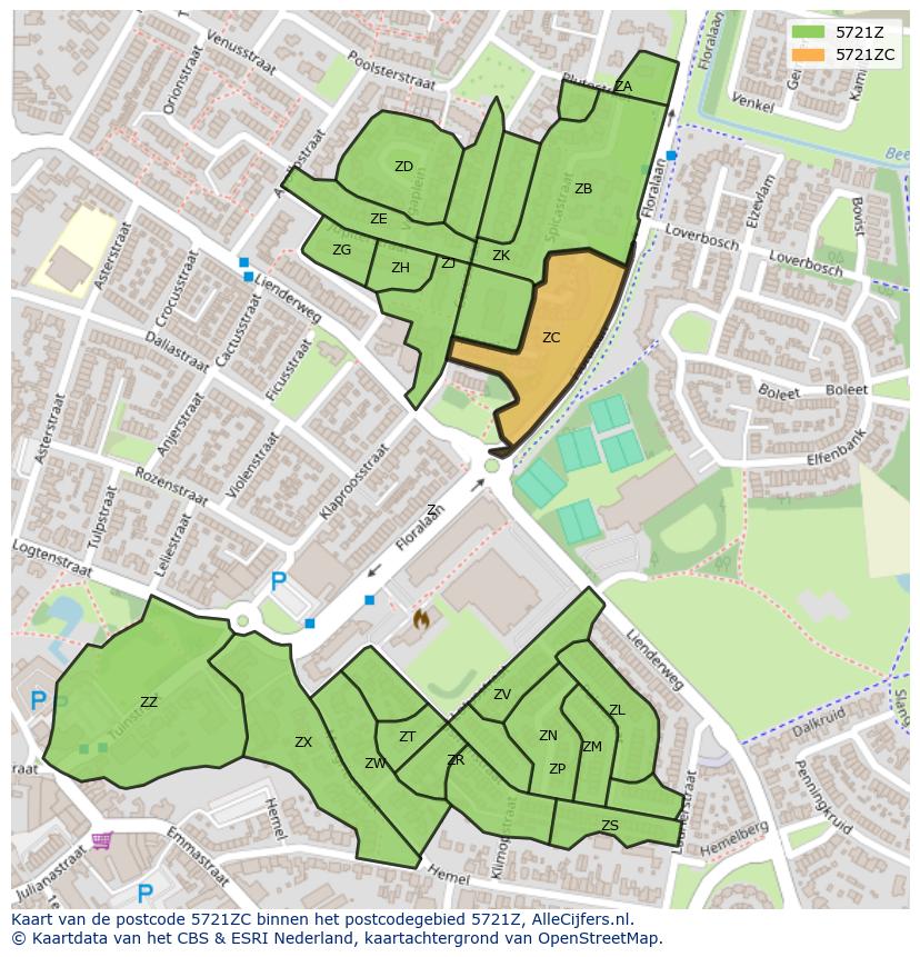 Afbeelding van het postcodegebied 5721 ZC op de kaart.