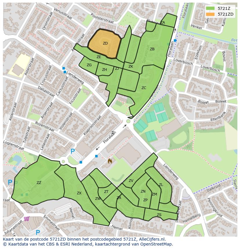 Afbeelding van het postcodegebied 5721 ZD op de kaart.