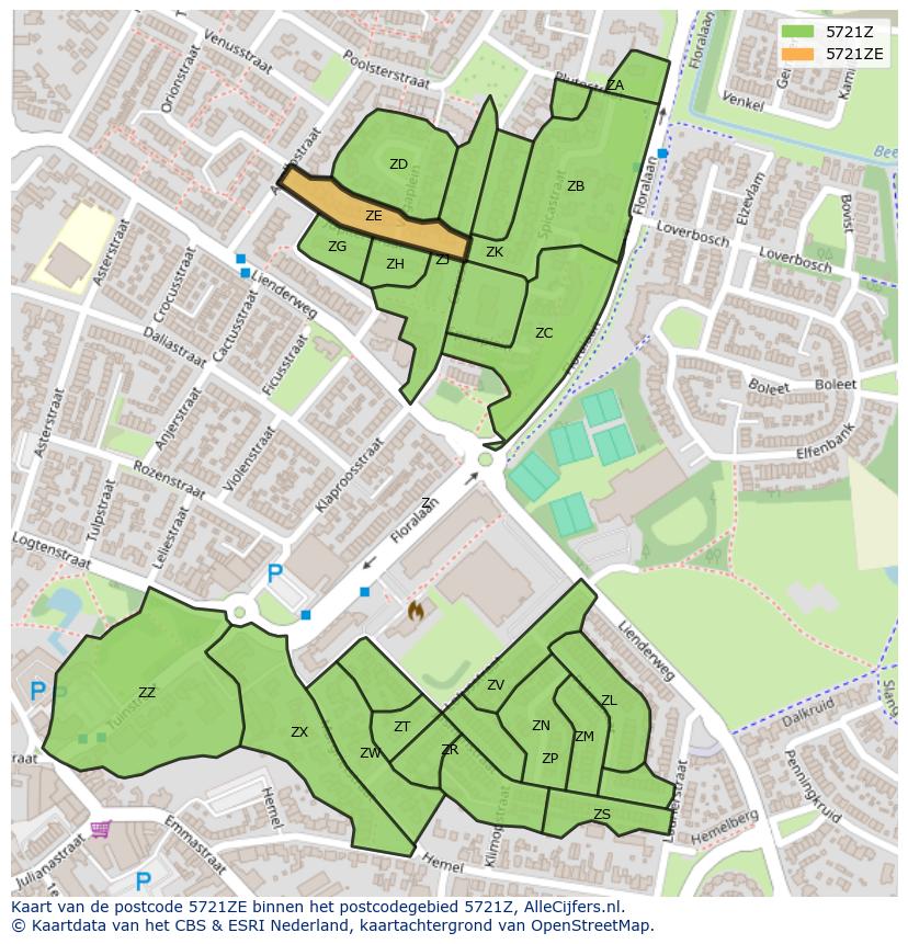 Afbeelding van het postcodegebied 5721 ZE op de kaart.
