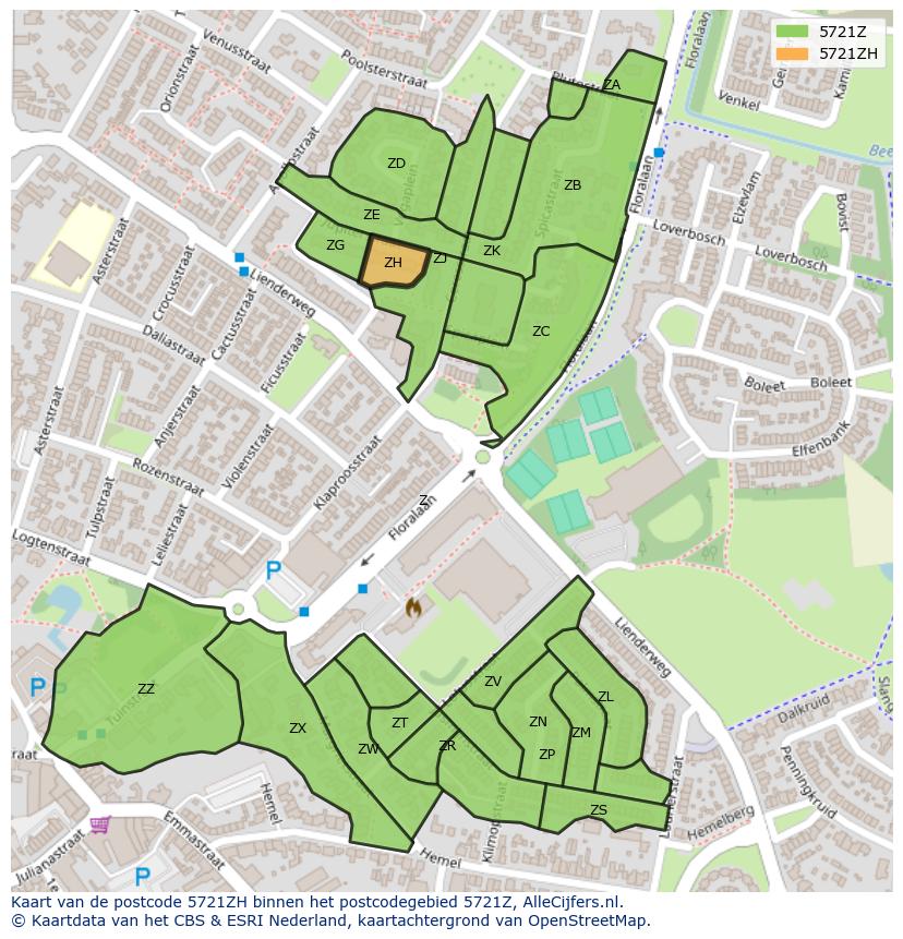 Afbeelding van het postcodegebied 5721 ZH op de kaart.