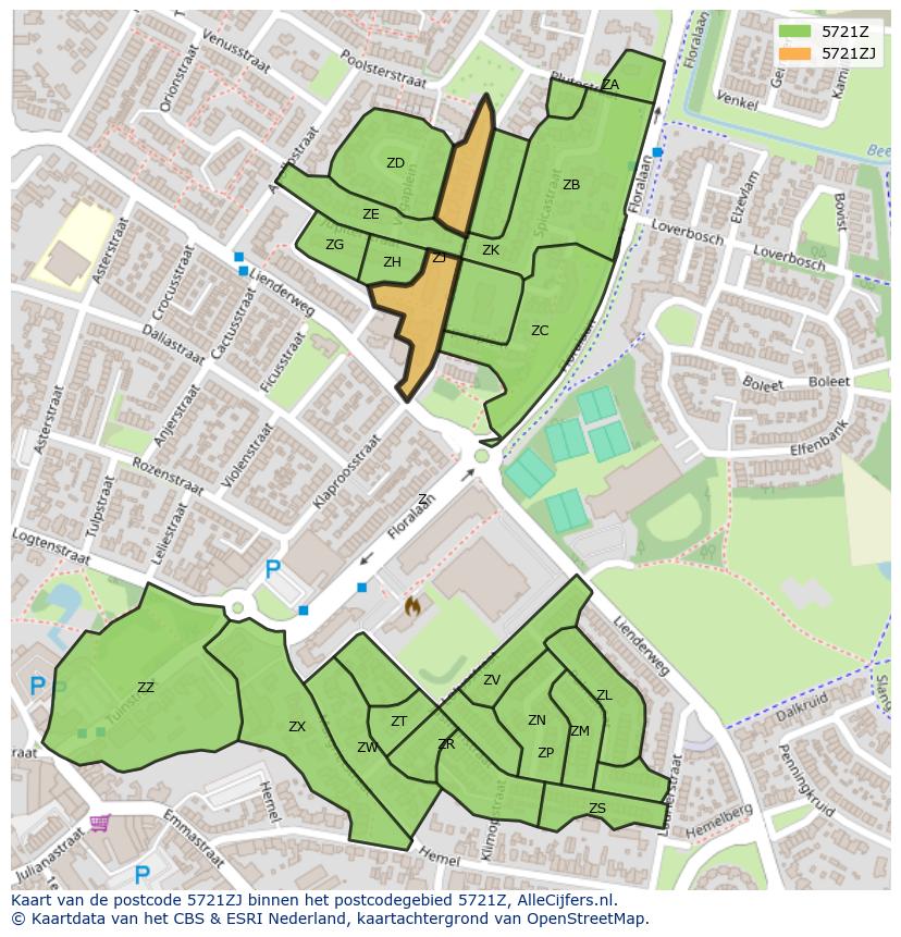 Afbeelding van het postcodegebied 5721 ZJ op de kaart.