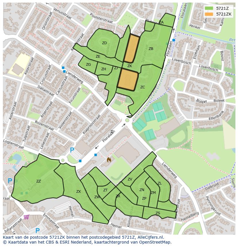 Afbeelding van het postcodegebied 5721 ZK op de kaart.