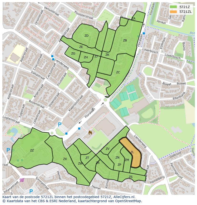 Afbeelding van het postcodegebied 5721 ZL op de kaart.