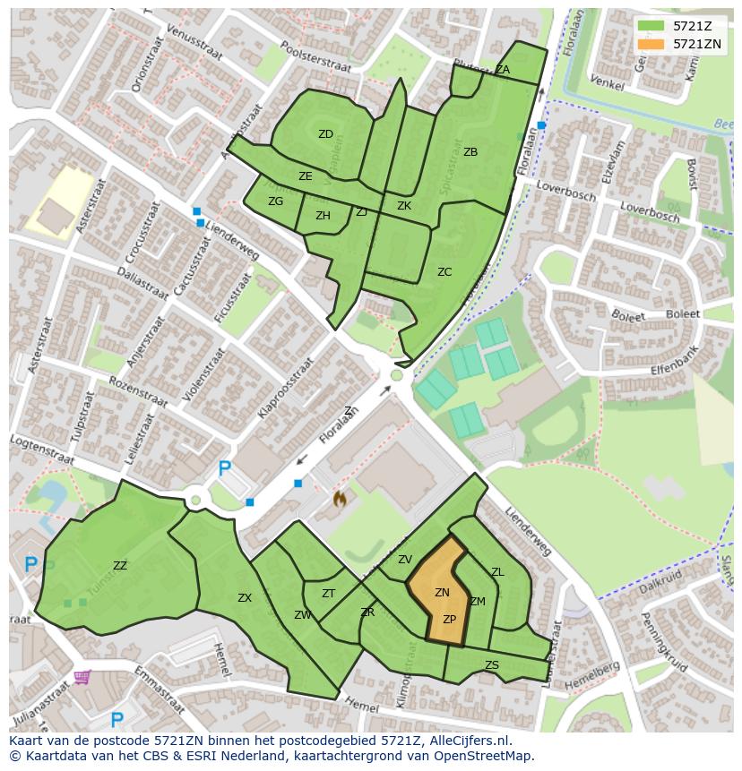 Afbeelding van het postcodegebied 5721 ZN op de kaart.