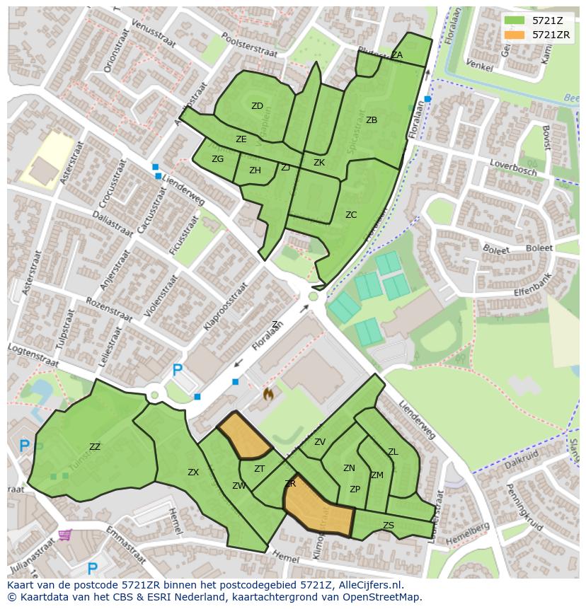 Afbeelding van het postcodegebied 5721 ZR op de kaart.