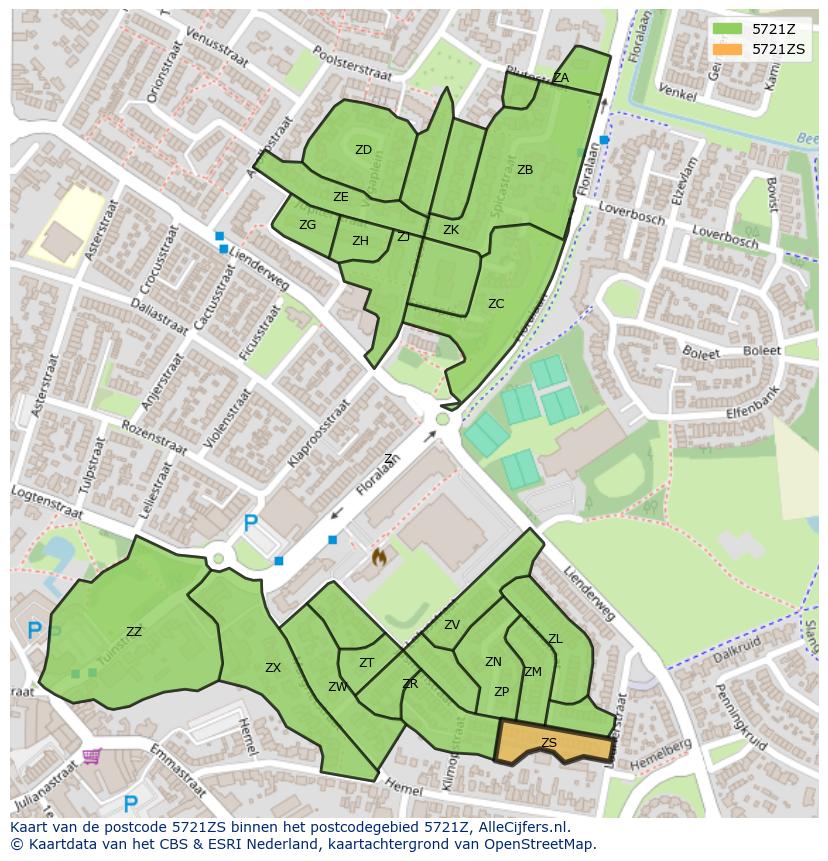 Afbeelding van het postcodegebied 5721 ZS op de kaart.