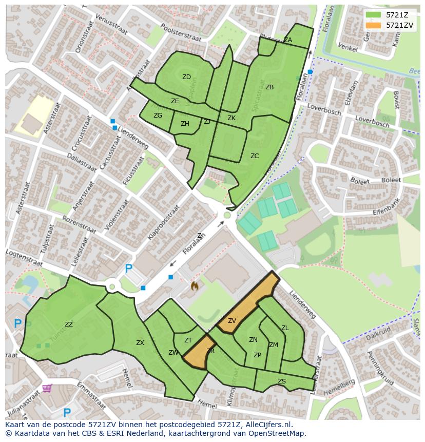 Afbeelding van het postcodegebied 5721 ZV op de kaart.