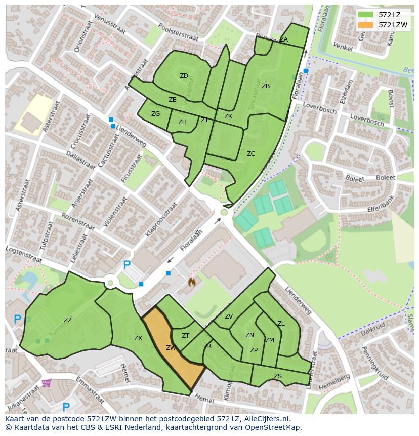 Afbeelding van het postcodegebied 5721 ZW op de kaart.