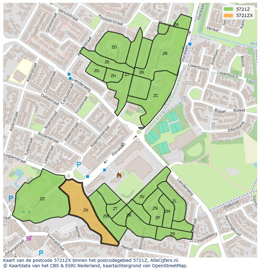 Afbeelding van het postcodegebied 5721 ZX op de kaart.