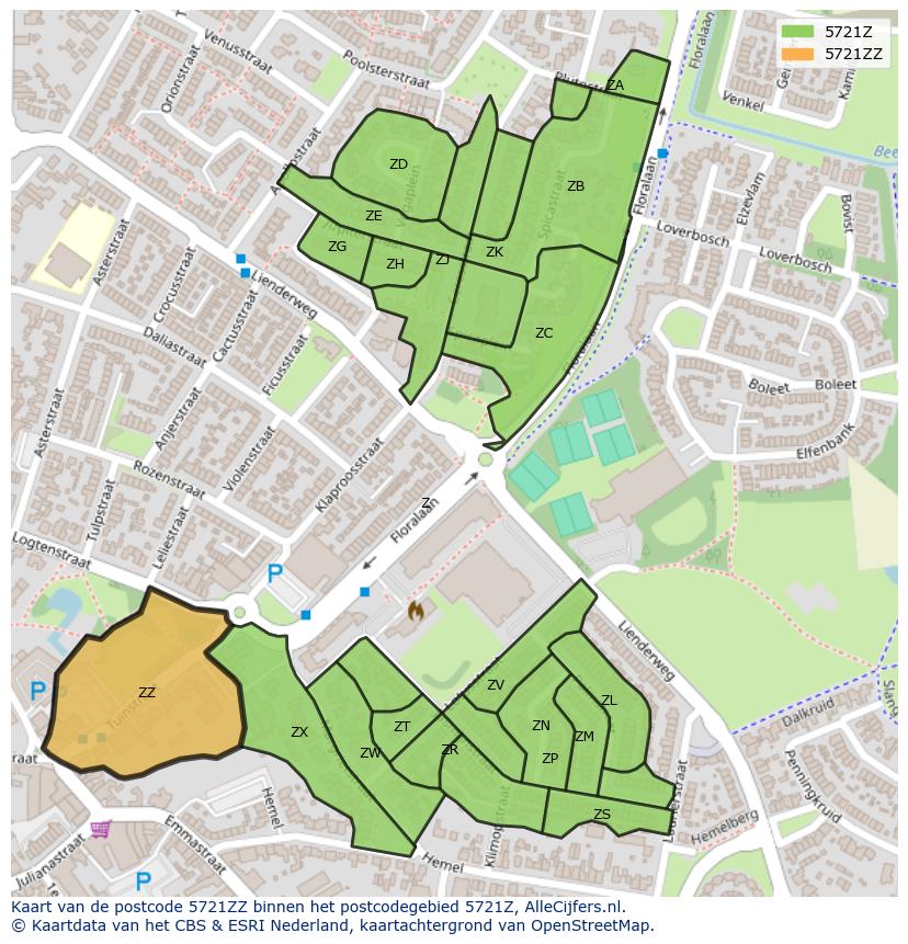 Afbeelding van het postcodegebied 5721 ZZ op de kaart.