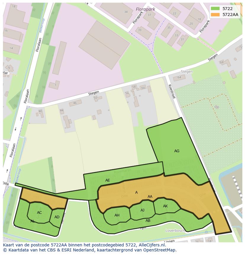 Afbeelding van het postcodegebied 5722 AA op de kaart.