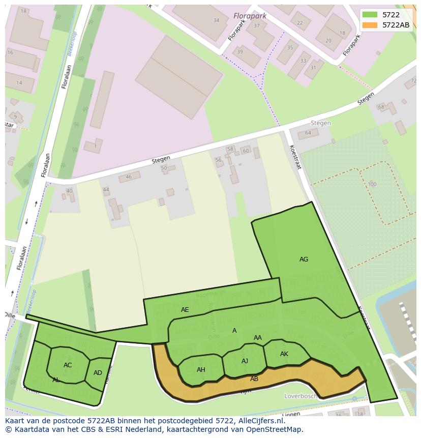 Afbeelding van het postcodegebied 5722 AB op de kaart.