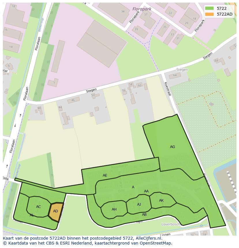 Afbeelding van het postcodegebied 5722 AD op de kaart.
