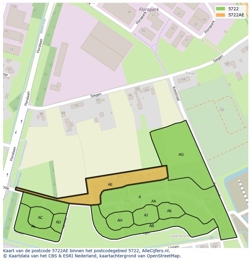Afbeelding van het postcodegebied 5722 AE op de kaart.