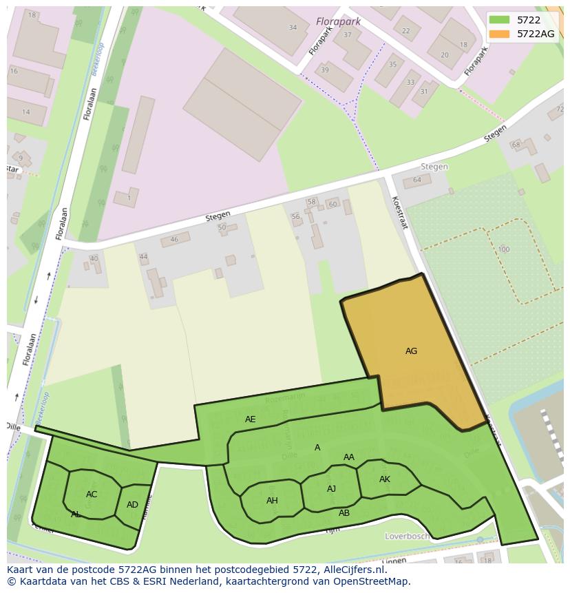 Afbeelding van het postcodegebied 5722 AG op de kaart.