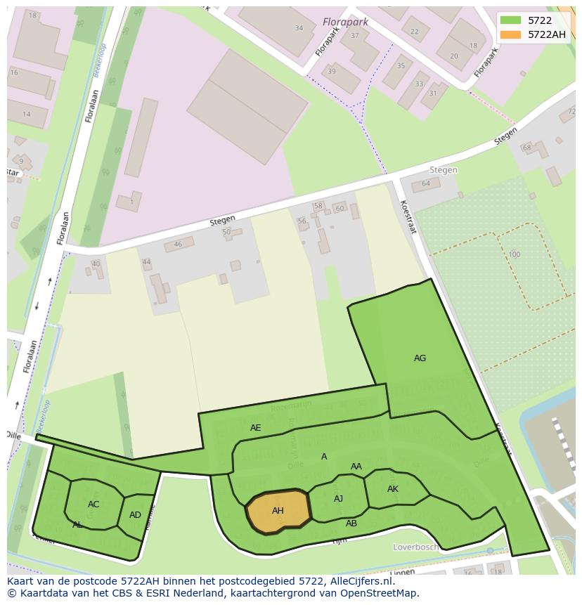 Afbeelding van het postcodegebied 5722 AH op de kaart.