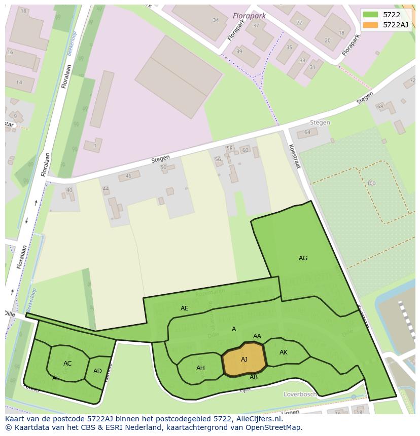 Afbeelding van het postcodegebied 5722 AJ op de kaart.