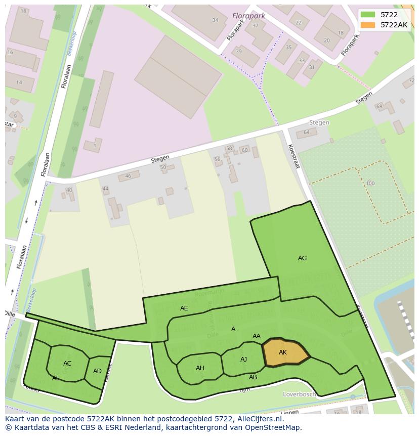 Afbeelding van het postcodegebied 5722 AK op de kaart.