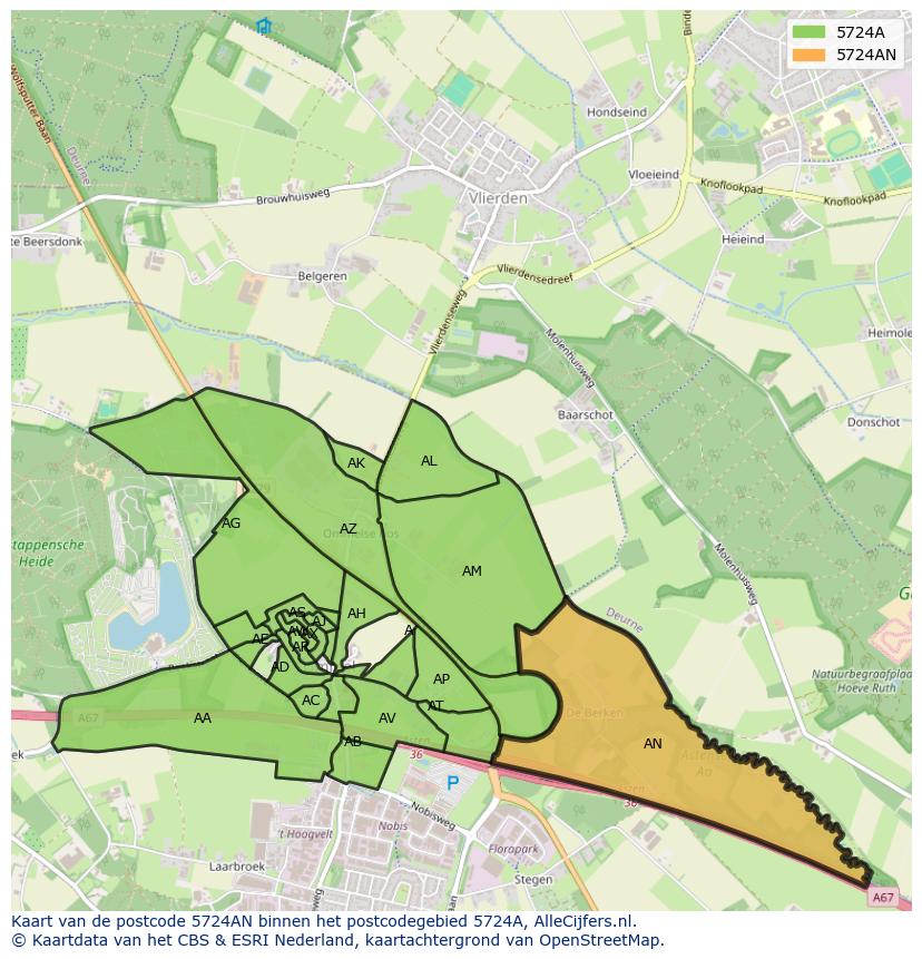 Afbeelding van het postcodegebied 5724 AN op de kaart.