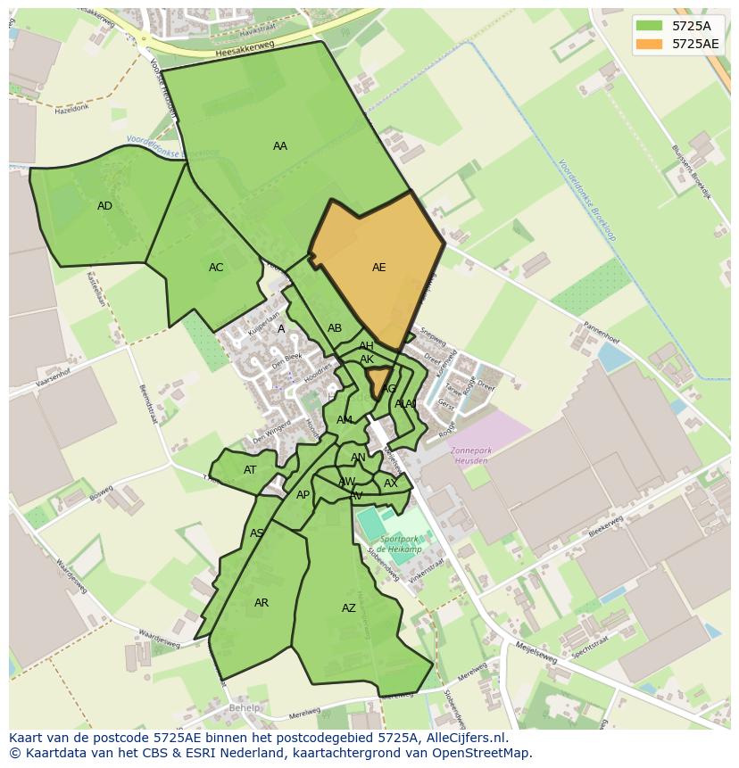 Afbeelding van het postcodegebied 5725 AE op de kaart.