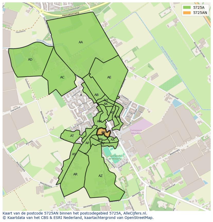 Afbeelding van het postcodegebied 5725 AN op de kaart.
