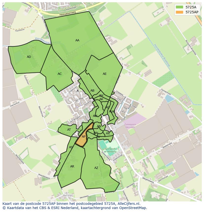 Afbeelding van het postcodegebied 5725 AP op de kaart.