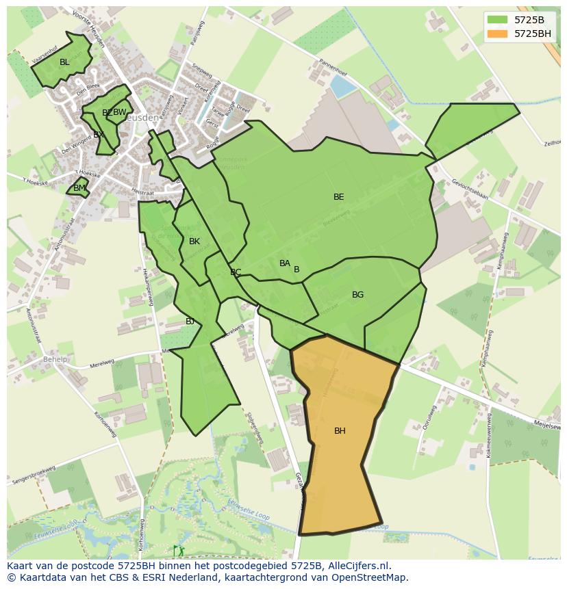 Afbeelding van het postcodegebied 5725 BH op de kaart.