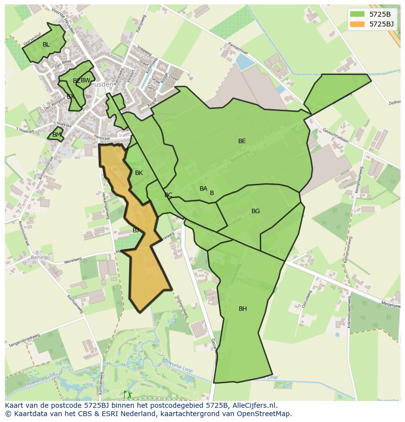 Afbeelding van het postcodegebied 5725 BJ op de kaart.